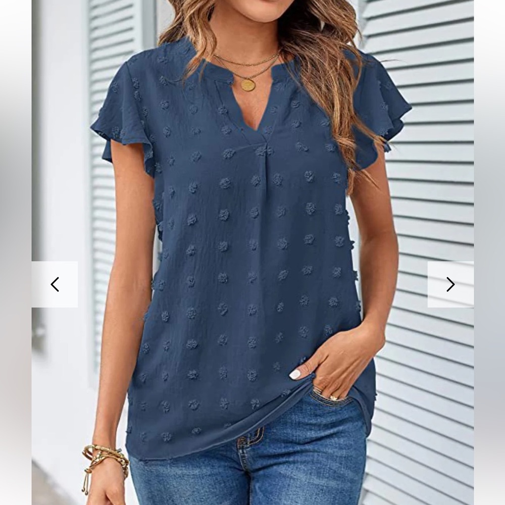 MEROKEETY Blue Swiss Dot V-Neck Ruffle Sleeve Blouse | Flowy Casual Top | Large